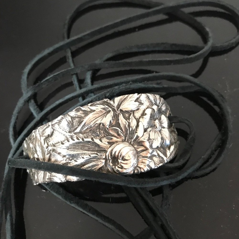 Floral Antique Tie Wrap Bracelet Sterling Silver 925 Kirk Stieff Cuff Yoga Boho - Picture 2 of 11